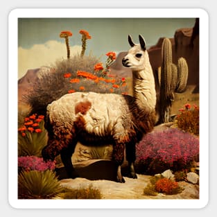 Vintage llama standing in the desert with flowers and cacti illustration Sticker